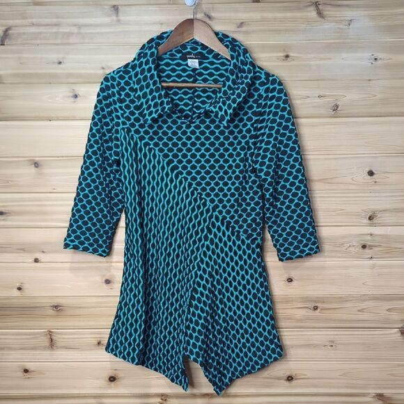 Yushi Top Womens Top Small Teal and Black Textured Tunic Art - Picture 1 of 8